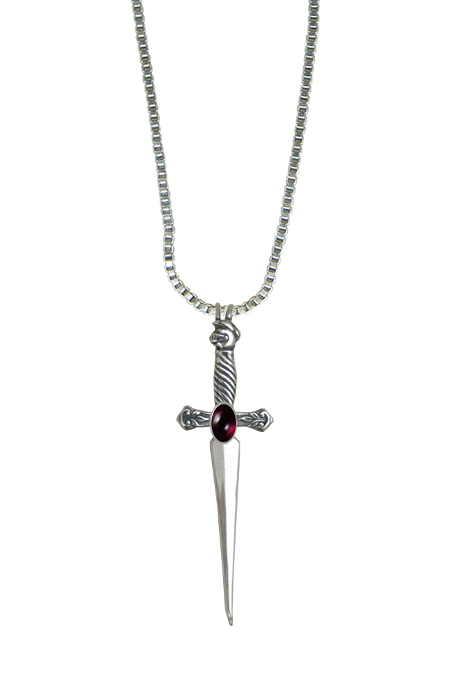 Sterling Silver Detailed Knight's Sword Pendant With Garnet
